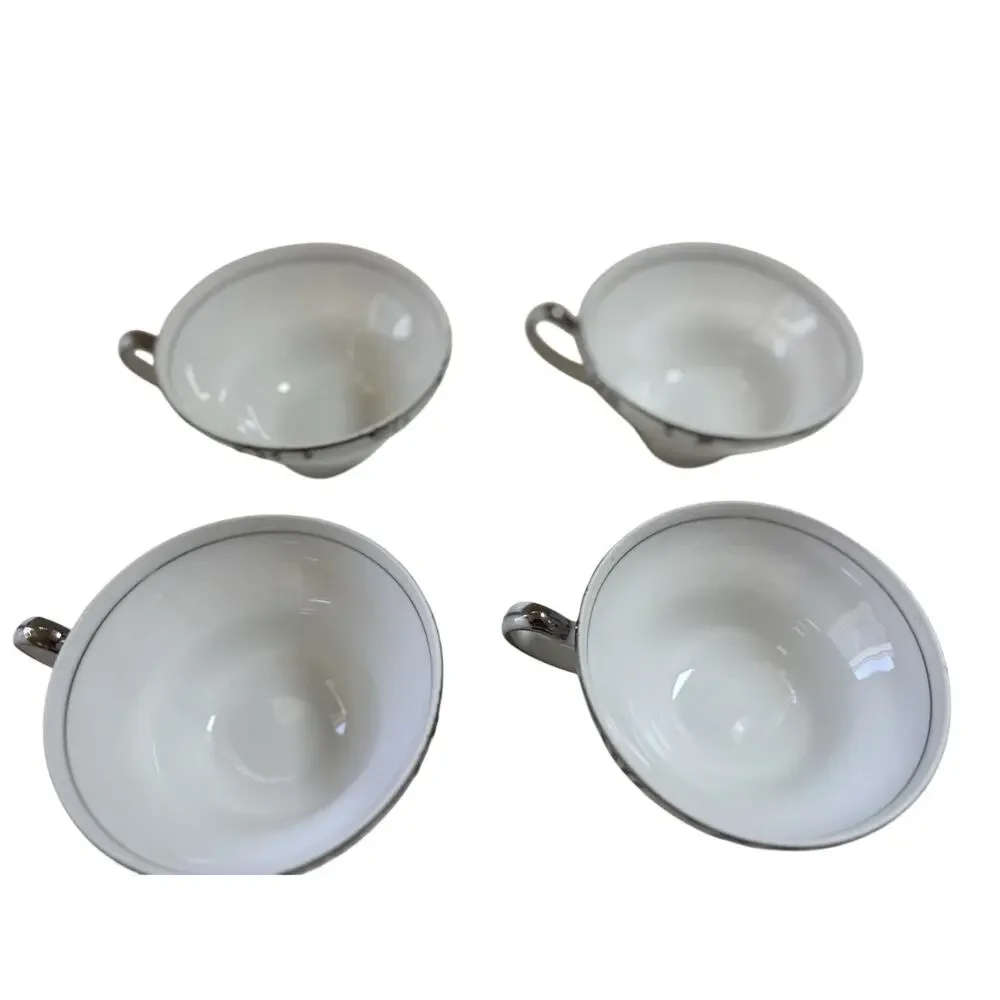 Barony collection by Fine China of Japan Tea Cups White Silver Rim Gray 3.5